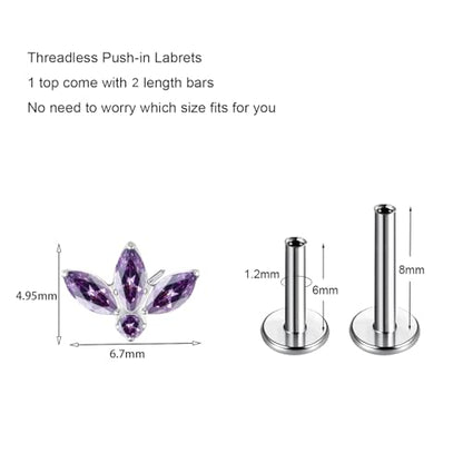 G23 Titanium Flat Back Earrings Studs 20g 18g 16g F136 Titanium Labrets Press Fit Threadless Push In Dainty Cartilage Helix Conch Lobe Lip Tragus Piercing Jewelry Push Back - style: 3 stud-purple