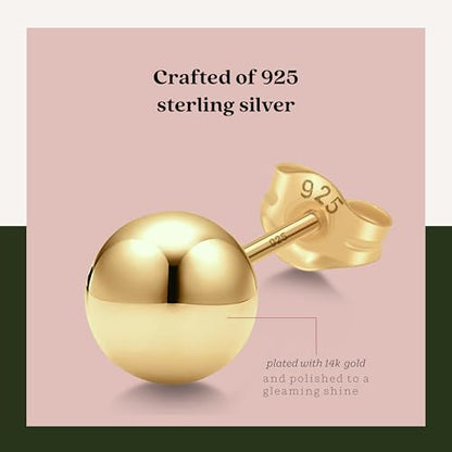 KEZEF 925 Sterling Silver Ball Stud Earrings for Women, 2mm to 10mm | Nine Bead Sizes, Three Finishes, Hypoallergenic Nickel Free Post, Butterfly Push Back, Sold As One Pair - color: 14k Yellow Gold, size: 3mm
