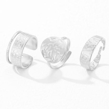 3Pcs Gold Chunky Hammered Geometric Open Ring Set for Women,Boho Retro Textured Stackable Band Statement Rings Modern Minimalist Jewelry Gifts - color: Silver