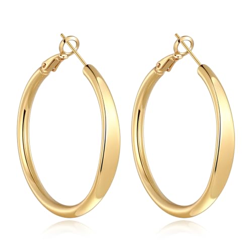 sovesi Flat Edge Chunky Hoop Earrings for Women 14k Gold Plated, 5mm Thick Hoops, Lightweight Hypoallergenic Hoop Earrings - color: Gold 40mm