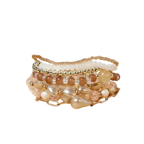 7PCS Boho Bohemia Multilayer Beaded Bracelet Set Stackable Crystal Bead Bracelets Heart Pearl Charms Multicolor Bohemian Stretch Bracelets for Women Summer Beach Jewelry Gifts - color: Gold