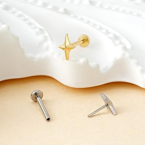 1PC ASTM F136 Titanium Mini Threadless Flat Back Stud 18G 6mm 8mm for Conch Helix Flat Tragus Labret - color: Four-pointed star - Gold