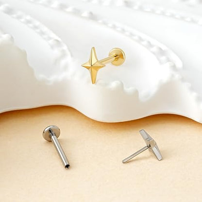 1PC ASTM F136 Titanium Mini Threadless Flat Back Stud 18G 6mm 8mm for Conch Helix Flat Tragus Labret - color: Four-pointed star - Gold