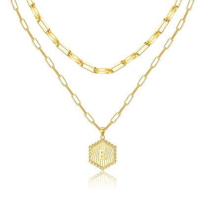 Layered Initial Necklace for Women | Gold Plated Paperclip Chain with Sunburst Hexagon Letter Pendant | Double Layer Alphabet Necklace | Personalized Minimalist Jewelry Gift - color: E