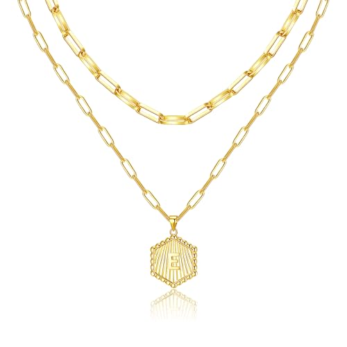 Layered Initial Necklace for Women | Gold Plated Paperclip Chain with Sunburst Hexagon Letter Pendant | Double Layer Alphabet Necklace | Personalized Minimalist Jewelry Gift - color: E