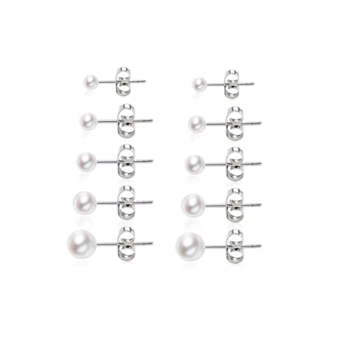 Women's Stainless Steel Faux Pearl Stud Earrings Set - 5 Pairs, 3-7mm - color: White 1