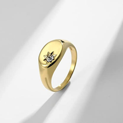 Promise Rings for Him, Stainless Steel Oval Shape Sun Pattern Inlay with Cubic Zirconia Signet Ring for Women - color: Gold
