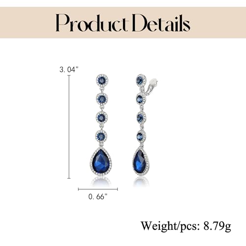 EleQueen Women's Wedding Crystal Teardrop Pear Shape 3 Inch Clip on Long Dangle Earrings for Bride Bridesmaid, Jewelry for Party Prom/Anniversary - color: Navy Blue Silver-Tone