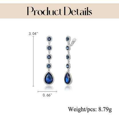 EleQueen Women's Wedding Crystal Teardrop Pear Shape 3 Inch Clip on Long Dangle Earrings for Bride Bridesmaid, Jewelry for Party Prom/Anniversary - color: Navy Blue Silver-Tone