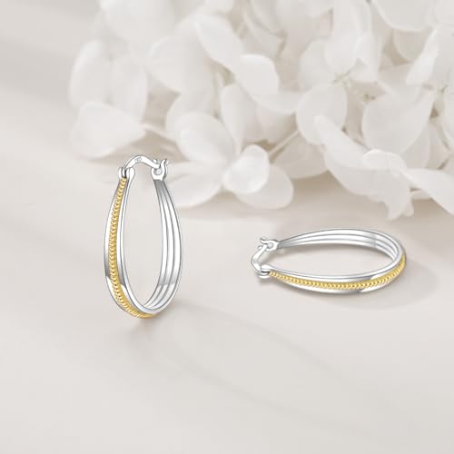 Small Sterling Silver Gold Hoop Earrings Oval Grooved Two Tone Hoops Earrings for Women - color: Two Tone Rope Hoops