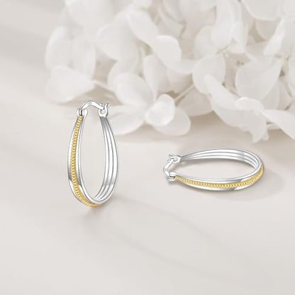 Small Sterling Silver Gold Hoop Earrings Oval Grooved Two Tone Hoops Earrings for Women - color: Two Tone Rope Hoops