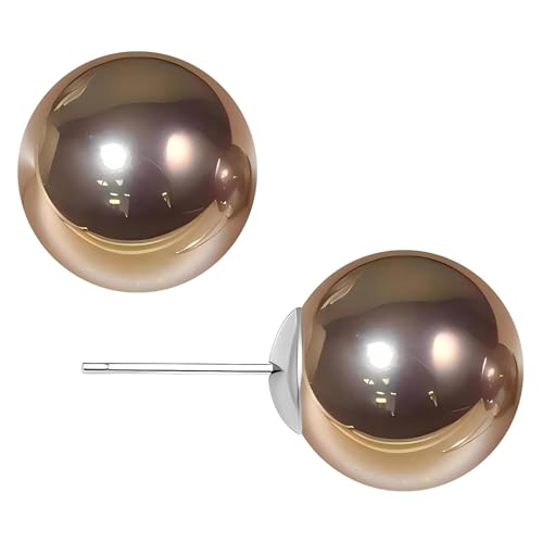 Gold & Brown Faux Pearl Stud Earrings, S925 Silver Posts Hypoallergenic for Women - color: Brown, size: 10mm