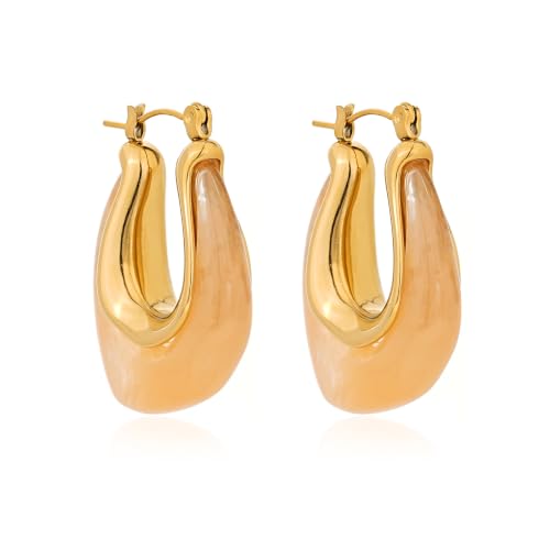 Enamel Hoop Earring for Women 18k Gold Plated Chunky Two-Tone U/C Shaped Earring Enamel Jewelry Gift for Wife Girlfriend - color: Orange 1