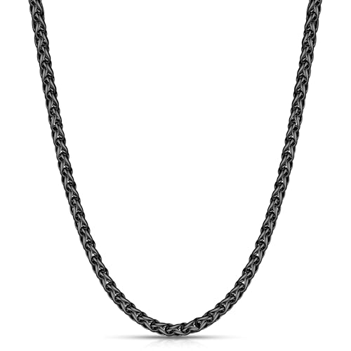 Fiusem Wheat Chains for Men and Women, Silver Tone/Black/14K Gold Plated | 2/2.5/3/4/5mm Stainless Steel Necklace Chain, Mens Necklace Jewelry Gift 16-28 Inch - size: 26 Inches, style: Black 2MM