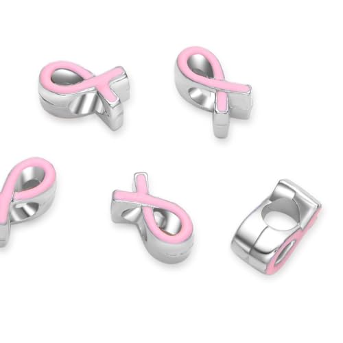 40pcs Pink Ribbon Symbol of Awareness Large Hole Enamel Beads (4.5mm Hole) Antique Silver - size: Pink Ribbon