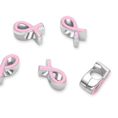 40pcs Pink Ribbon Symbol of Awareness Large Hole Enamel Beads (4.5mm Hole) Antique Silver - size: Pink Ribbon