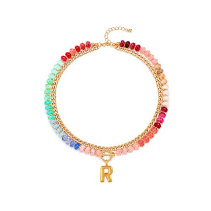 Colorful Beaded Bubble Letter Necklace For Women, Boho Double Layer Dopamine Rainbow Resin Beads Thick Cuban Chain Chunky With Initials Pendant Necklaces Summer Beach Jewelry Gift ﻿ - color: Dop R