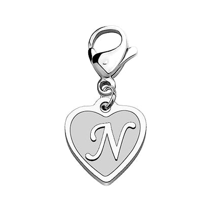 FAADBUK Initial Letter A-Z Alphabet Heart Charms for Jewelry Bracelet Keychain Necklace Initial Stainless steel Clasp Clip on Charm - color: intial N