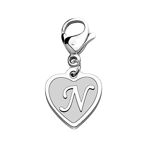 FAADBUK Initial Letter A-Z Alphabet Heart Charms for Jewelry Bracelet Keychain Necklace Initial Stainless steel Clasp Clip on Charm - color: intial N