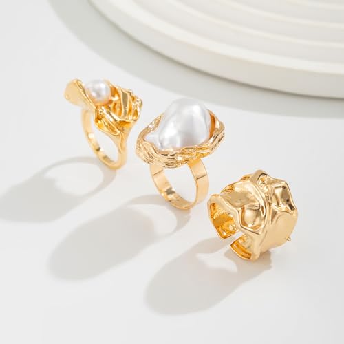 3/6 PCS Silver Chunky Pearl Rings Set for Women Gold Baroque Pearl Flower Open Ring Adjustable Crystal Large Ring Set Personalized Statement Knuckle Rings Fashion Costume Jewelry Accessories - color: gold