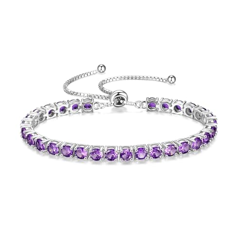 FANCIME Birthstone Bracelet Jewelry for Women Sterling Silver Tennis Bracelet Classic Bolo Adjustable Chain Fine Jewelry Anniversary Birthday Gifts for Women Mom Wife Her - color: 02-Amethyst