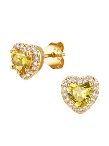 FindChic Birthstone Earrings for Women, Round/Heart/Square/Teardrop Earrings with 925 Sterling Silver Posts & Push Backs, Hypoallergenic Studs with Cubic Zirconia, 12 Months Jewelry with Gift Box - style: 11. November-Yellow Topaz (Heart-Gold)