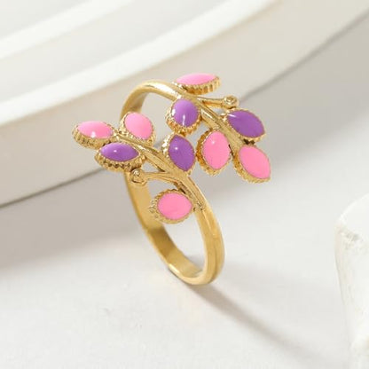 18K Gold Plated Floral Leaf Ring for Women Promise Engagement Open Ring Adjustable Wrap Colorful Jewelry Gift - color: Purple