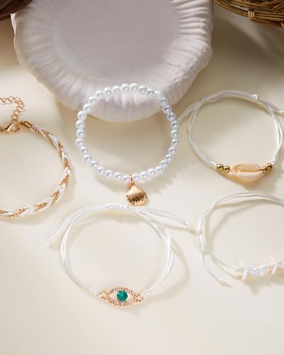 Shell Bracelets for Women Layered Seashell Starfish Bracelets Stackable Stretch Boho Beaded Bracelet Summer Beach Surfer Bracelet Seaside Beach Dress Outfits Accessories - color: B2:shell bracelets