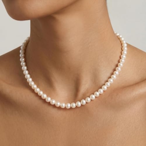 Pearl Necklace for Women, Round White Pearl Choker Necklace | Selected Pearls, Classic Style, Adjustable Extender, Elegant Gift Box