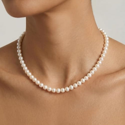 Pearl Necklace for Women, Round White Pearl Choker Necklace | Selected Pearls, Classic Style, Adjustable Extender, Elegant Gift Box