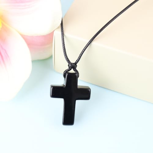 FANASY Natural Gemstone Pendant Necklace for Men Healing Crystal Pendant Adjustable Black Rope Necklace Jewelry Gifts for Women Men - color: X- Cross Obsidian