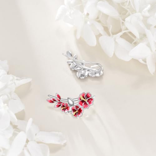 Ear Climbers Earrings for Women Sterling Silver Vintage Ear Crawler Earrings Jewelry Gifts for Women - style: Hibiscus
