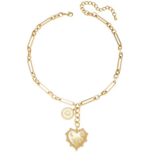 Chunky Gold Necklace for Women, 18K Waterproof Heart Necklace Statement Necklace Gold Charm Necklace Chunky Jewelry Paperclip Chain Choker Gift for Women - style: Shine Heart Pendant