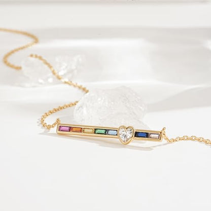 Fettero Dainty 14K Gold Plated Cubic Zirconia Necklaces for Women, Simple Bar Pendant Necklace, Mix-color Rainbow Jewelry Gold Necklace for Women Trendy Gifts - style: Rainbow Heart