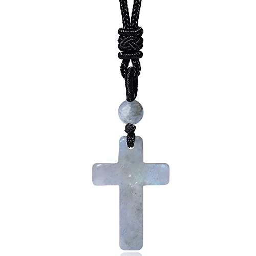 QINJIEJIE Cross Crystal Necklace Adjustable Black Rope Natural Gemstone Quartz Stone Necklaces for Men Women Father's Day Gift - color: Labradorite