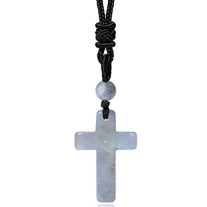 QINJIEJIE Cross Crystal Necklace Adjustable Black Rope Natural Gemstone Quartz Stone Necklaces for Men Women Father's Day Gift - color: Labradorite