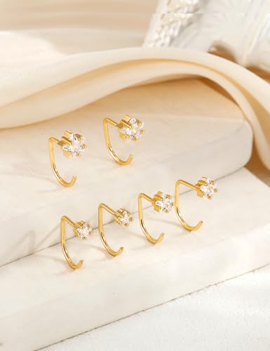 Freekiss 3 Pairs Backless Half Hoop Earrings Set for Women | 14K Gold Plated CZ Stay Close Hoop Earrings, Hypoallergenic Huggie Stackable Earring for Everyday & Sleep Wear Jewelry Gift - color: Star CZ-GD