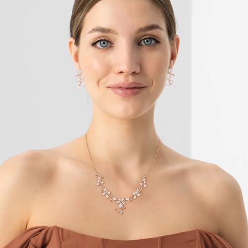 Crysdue Flower Leaf Wedding Jewelry Set for Bridal Bridemaid, Cubic Zirconia Teardrop Elegant Silver/14K/Rose Gold Plated Vine Necklace Dangle Earrings for Prom Party - style: A_Rose Gold Tone
