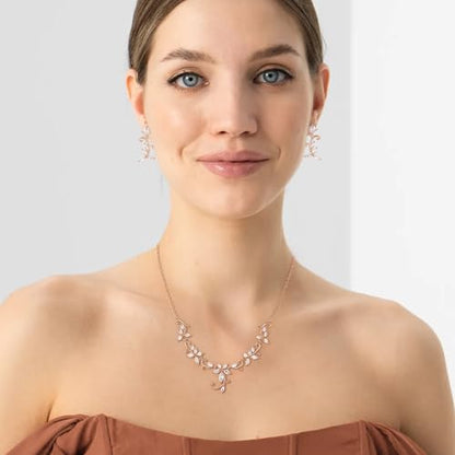 Crysdue Flower Leaf Wedding Jewelry Set for Bridal Bridemaid, Cubic Zirconia Teardrop Elegant Silver/14K/Rose Gold Plated Vine Necklace Dangle Earrings for Prom Party - style: A_Rose Gold Tone