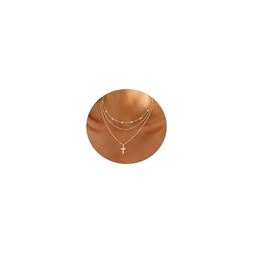 ASCOMY Layered Necklaces for Women Dainty Gold Necklace 14K Gold Plated Herringbone Necklace for Women Pearl Cross Necklace Paperclip Cuban Figaro Rope Satellite Chain Gold Choker Trendy Jewelry Gift - style: 3Layered O Chain Pearl Cross-GD