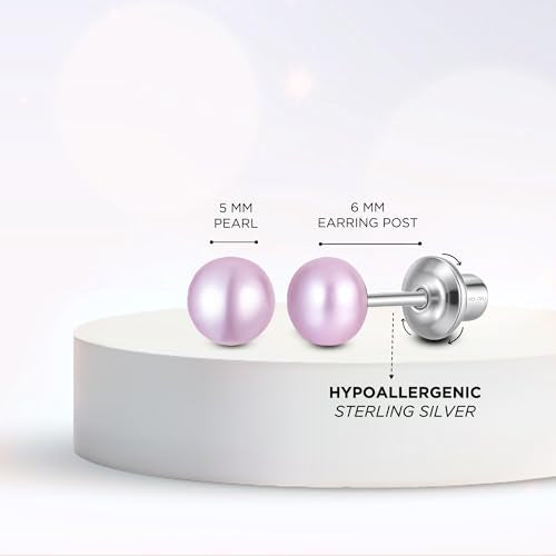 Pearl Screw Back Stud Earrings, 925 Sterling Silver Hypoallergenic - color: Purple, size: 5mm-Large
