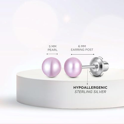 Pearl Screw Back Stud Earrings, 925 Sterling Silver Hypoallergenic - color: Purple, size: 5mm-Large