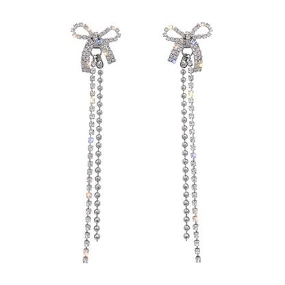 Luxval Rhinestone Earrings Dangling for Women Sparkly Silver Dangle Earrings Girls Long Chandelier Earrings Tassel Lightweight Ear Studs Cubic Zirconia Crystal Statement - color: Silver-Dangle Bow