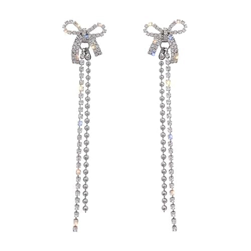 Luxval Rhinestone Earrings Dangling for Women Sparkly Silver Dangle Earrings Girls Long Chandelier Earrings Tassel Lightweight Ear Studs Cubic Zirconia Crystal Statement - color: Silver-Dangle Bow