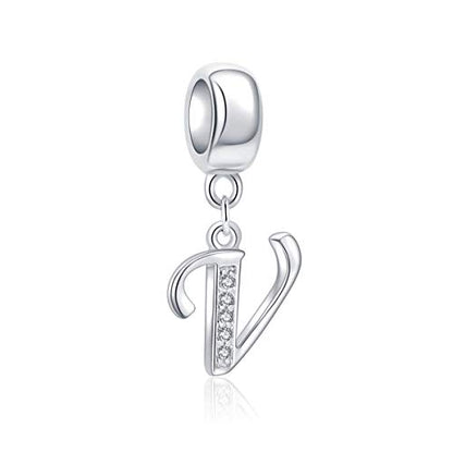 925 Sterling Silver Charms Alphabet Beads fit Pandora Charm Bracelets A-Z Letter Initial Spacer Dangle Clear CZ Stone Authentic for Snake Chain Bracelets - color: V