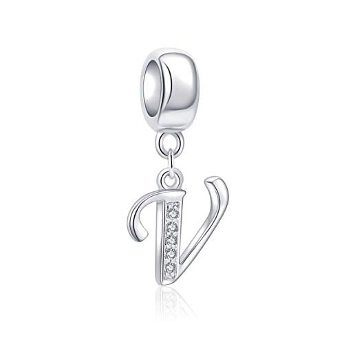 925 Sterling Silver Charms Alphabet Beads fit Pandora Charm Bracelets A-Z Letter Initial Spacer Dangle Clear CZ Stone Authentic for Snake Chain Bracelets - color: V