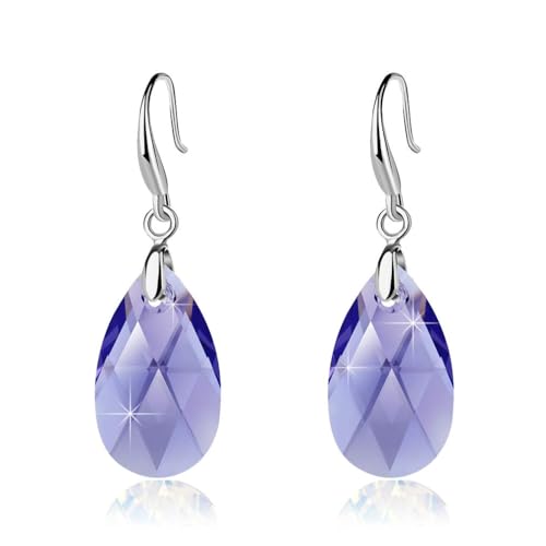 Austrian Crystal Teardrop Dangle Hook Earrings for Women 14K Gold Plated Hypoallergenic Jewelry - color: Tanzanite