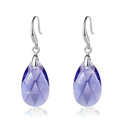 Austrian Crystal Teardrop Dangle Hook Earrings for Women 14K Gold Plated Hypoallergenic Jewelry - color: Tanzanite