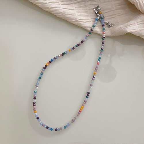 Dainty Colorful Crystal Beaded Chain Adjustable Lightweight Choker Necklace Handmade Bohemian Shiny 3mm Rice Stone Beads Necklace Boho Summer Beach Jewelry for Women - color: mix 2