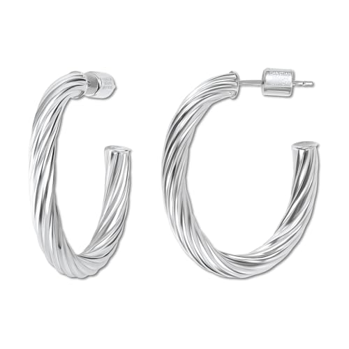 18K Gold Plated Sterling Silver Earrings for Women – Pure & Polished, Twist, Square, Hinged Tube, Abstract & Heart Shape Hoops – Lightweight, Hypoallergenic, Non-Tarnish Jewelry (Sizes: 3x35mm-46x30mm) - color: Silver, size: Twist Hoop (4x25x30mm)